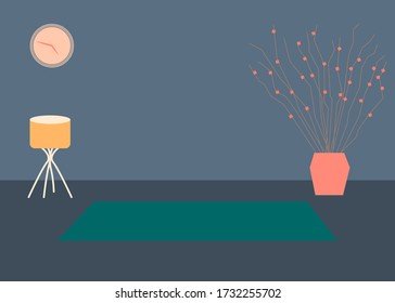 Vector interior flat design illustration. Home in colorful furniture of simple living room in trendy style. Design of a cozy room with house decor accessories and plants. Decorative elements