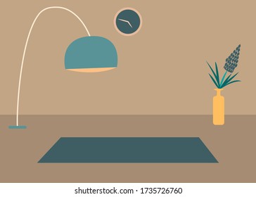 Vector interior flat design illustration. Home in colorful furniture of simple living room in trendy style. Design of a cozy room with house decor accessories and plants. Decorative elements