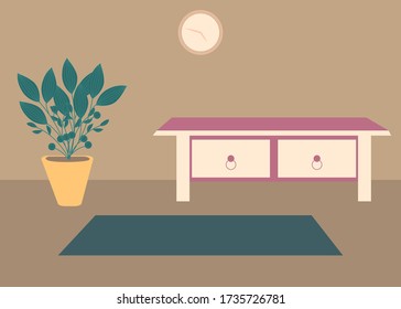 Vector interior flat design illustration. Home in colorful furniture of simple living room in trendy style. Design of a cozy room with house decor accessories and plants. Decorative elements