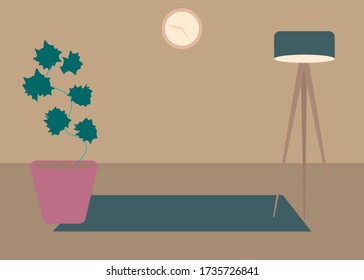 Vector interior flat design illustration. Home in colorful furniture of simple living room in trendy style. Design of a cozy room with house decor accessories and plants. Decorative elements