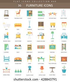Vector interior Furniture color flat icon set. Elegant style design. 