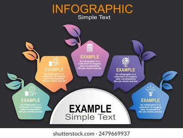 Vector interior graphic with semicircular pentagon shape with colorful leaves on a gray-black background, modern style for presentations in education, banking, management, work planning, timeline .