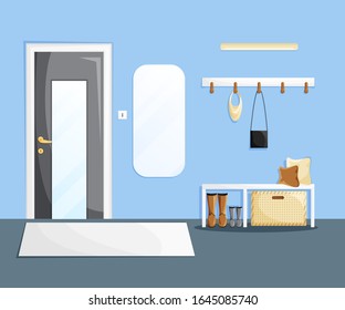 Vector interior of home hallway with furniture in cartoon flat style. Template of entrance of house with grey door, mirror, white furniture, pillows, clothes rack and accessories in minimalist style