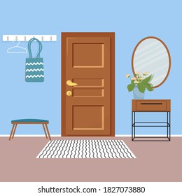 Vector Interior Of Home Hallway With Furniture In Cartoon Flat Style. Template Of Entrance Of House Door, Mirror, White Furniture In Minimalist Style