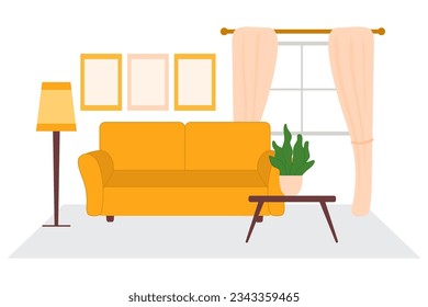 Vector interior of the house, room, sofa, paintings, lamp, table. The stylish interior of the living room with a window in warm colors is isolated on white.