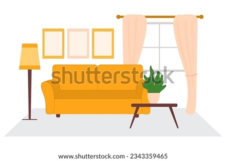 Vector interior of the house, room, sofa, paintings, lamp, table. The stylish interior of the living room with a window in warm colors is isolated on white.
