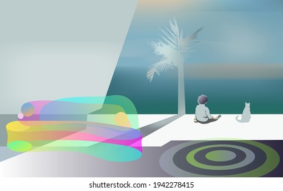 Vector interior illustration with colored neon sofa, gray background, kid and cat by the window, sea and sky