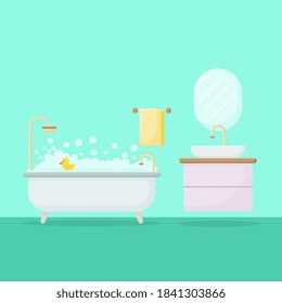 Vector interior illustration in flat style. Bathroom with furniture. Bathroom interior.