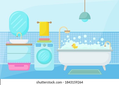 Vector interior illustration in flat style. Bathroom with furniture. Bathroom interior.