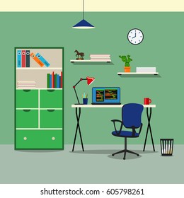 Vector interior illustration in flat style. Interior office, workplace, workspace for freelancer