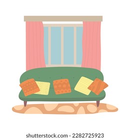 Vector interior illustration with green sofa and cushions. Flat style cosy interior illustration