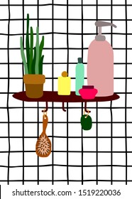 Vector interior illustration. Shelf with cosmetics on the wall with white tiles in the bathroom. Cozy minimalistic picture with home plants, hygiene products, shampoos, creams, makeup products