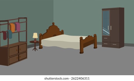 Illustrations d'intérieur d'Image vectorielle - Chambre confortable et salon moderne avec des Éléments de meubles, y compris le lit, canapé, armoire, bureau et la décoration - Flat Design Home Interiors