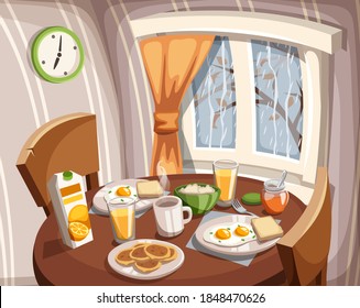 Vector Interior Of A Kitchen Or Dining Room With A Breakfast On A Table And A Window With Autumn Rain Outside.