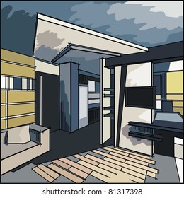 vector interior of living room in contrasting colors. Vector illustration