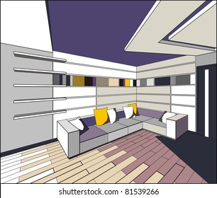 vector interior of living room in contrasting colors. Vector illustration