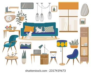 Vector interior of living room, flat illustrations. Furnitures in mid century style.