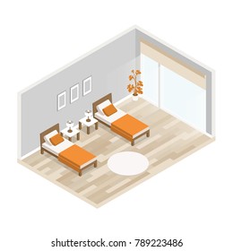 Vector interior living room with furniture: two beds, two bedside table, lamp, flower pot, picture, window, curtains, pillows. Light hardwood floors and gray walls