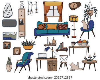 Vector interior of living room, hand drawn cartoon illustration. Doodles set of furnitures in mid century style.