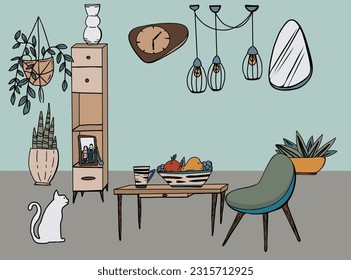 Vector interior of living room, hand drawn cartoon illustration. Doodles furnitures in mid century style.