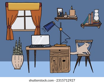 Vector interior of living room, hand drawn cartoon illustration. Doodles furnitures in mid century style.