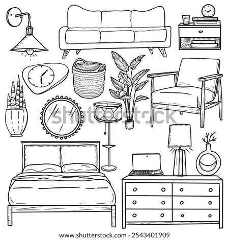 Vector interior of living room, hand drawn black and white sketches. Doodles set of furnitures in mid century style.