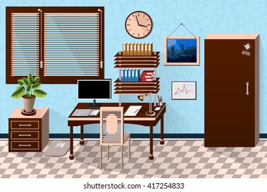 Vector interior office room in dark wooden style. Vector illustration