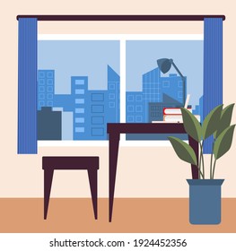 Vector interior of a room with a window and a view of the city, a view of the city from the window