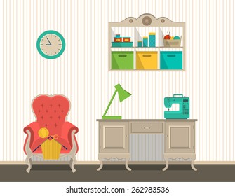 Vector interior rooms for crafts. Flat design. 