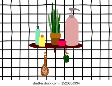 Vector interior Scandinavian illustration. Shelf with cosmetics on the wall with white tiles in the bathroom. Hygge minimalistic picture with home plants, hygiene and makeup products, shampoos, creams