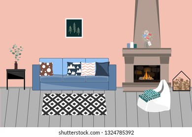 Vector interior in Scandinavian style. Living room with Fireplace, comfortable bright Sofa with Pillows, Chair, and flowers