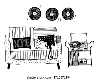 vector interior set: striped sofa with cat, record players on the table and records on the wall