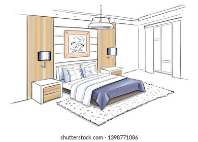Vector interior sketch design of bedroom.