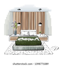Vector interior sketch design of bedroom.