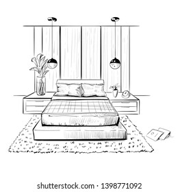 Vector interior sketch design of bedroom.