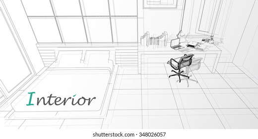 Vector interior sketch design of bedroom.