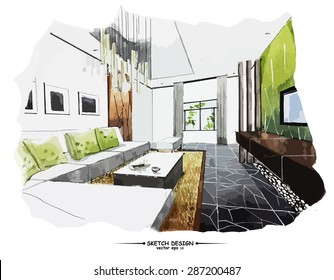 Vector Interior Sketch Design. Watercolor Sketching Idea On White Paper Background.