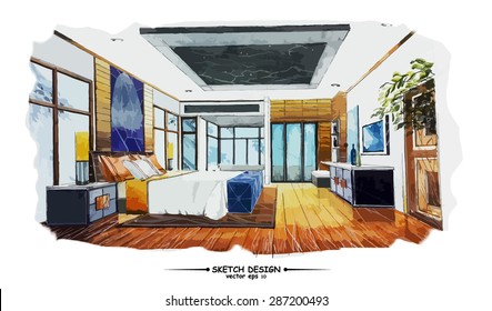 Vector interior sketch design. Watercolor sketching idea on white paper background.