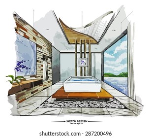 Vector interior sketch design. Watercolor sketching idea on white paper background.