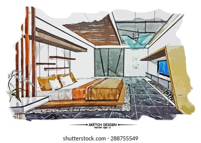Vector interior sketch design. Watercolor sketching idea on white paper background.