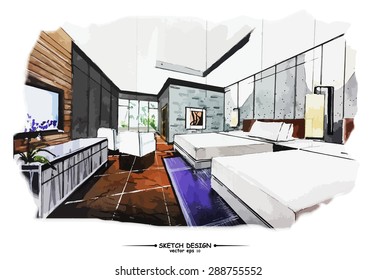 Vector interior sketch design. Watercolor sketching idea on white paper background.