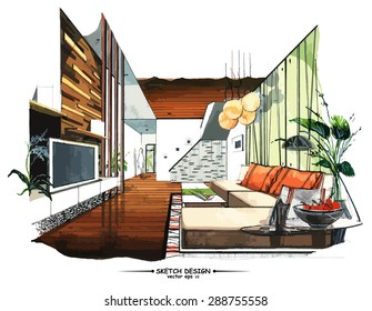 Vector interior sketch design. Watercolor sketching idea on white paper background.