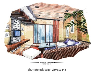 Vector interior sketch design. Watercolor sketching idea on white paper background.