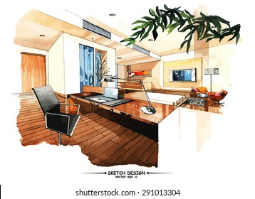 Vector interior sketch design. Watercolor sketching idea on white paper background.