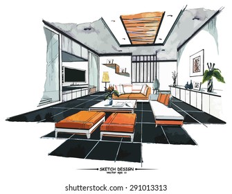Vector interior sketch design. Watercolor sketching idea on white paper background.