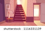 Vector interior with staircase and white open door in living room. Home inside with light from window and shadows on steps. Front view of stairs with handrail, table with vase in maroon colors.