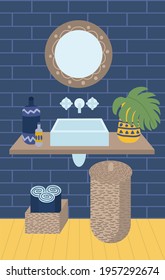 Vector interior toilet. Toilet design with ceramic sink, vintage mirror, bathroom furniture. Plumbing vector illustration. Cozy lavatory interior. Decorating tile, brick wall.