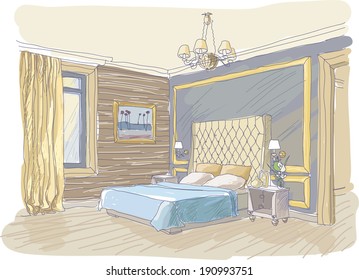 Interior vectorial de habitación tradicional en tonos amarillos y azules