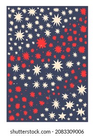 vector interior winter groovy poster.Funky psychedelic pattern with stars.Abstract boho postcard.Vintage stories with waves, stars, clouds.Collection hippie aesthetics of the 60s and 70s.Stars night
