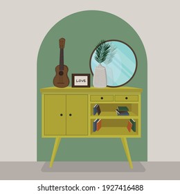 
Interior vectorial con una cómoda amarilla, guitarra, libros, un jarrón con una flor. Casa acogedora, diseño interior, ilustración interior de salón
